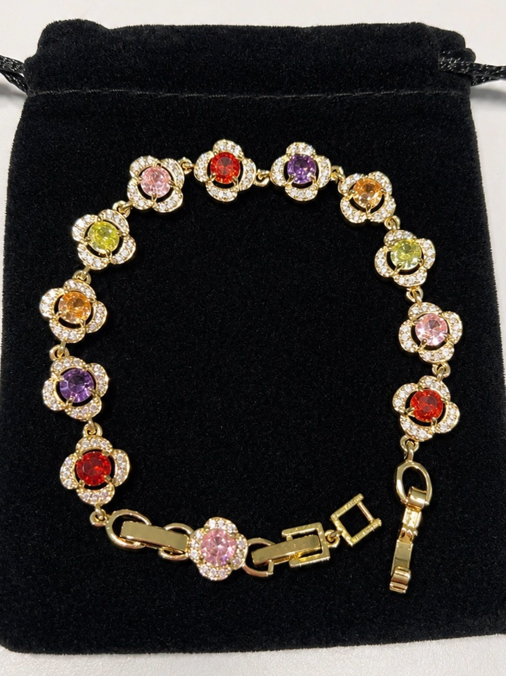 Gold Multi-Gem Flower Bracelet - Pink, Red, Purple, Orange, Yellow Stones